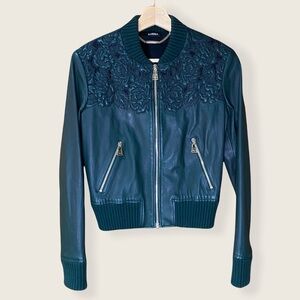 La Perla: Genuine Lambskin Leather Matelasse Floral Mesh Cropped Bomber Jacket 0